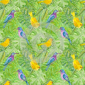 Seamless pattern with blue and yellow birds among lush tropical vegetation.