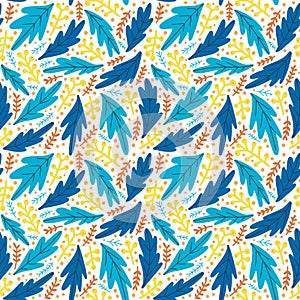 Seamless pattern in blue and yellow colors with abstract leaves on white background.