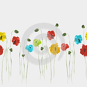 Seamless pattern of blue, yellow, green flowers and red poppies on a light gray background. Watercolor