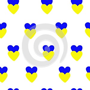 Seamless pattern blue, yellow hearts on white background. Ukrainian national colors print, vector eps 10