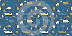 Seamless pattern with boats, yachts and sea waves