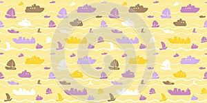 Seamless pattern with boats, yachts and sea waves