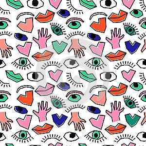 Seamless pattern body parts pattern heart eye lips oneline style on white line color