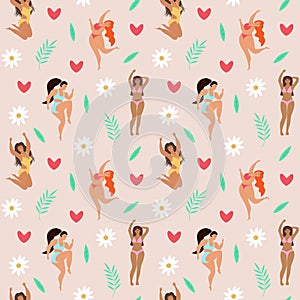 Seamless pattern of body positive happy women, hearts, daisies, leaves and twigs