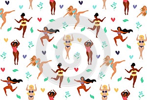 Seamless pattern of body positive happy women, hearts and flowers