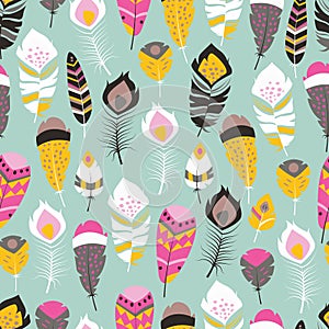 Seamless pattern with boho vintage tribal ethnic colorful vibrant feathers