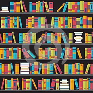 Seamless pattern with books on bookshelves. Flat design. Library, bookstore