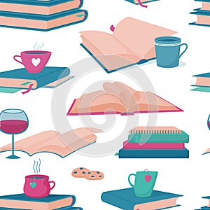 Seamless pattern with books, cups and wine glasses