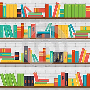Seamless pattern bookshelves, books on the brick wall background