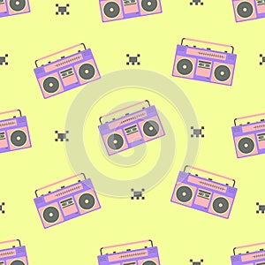 Seamless pattern with a boombox and geometric shapes.
