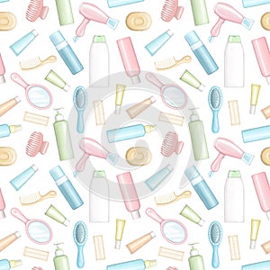 Seamless pattern with bottles for cosmetics, combs, hair dryer, curlers and hairpin