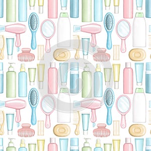 Seamless pattern with bottles for cosmetics, combs, hair dryer, curlers and hairpin