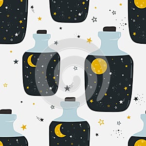 Seamless pattern with bottles, moon, stars