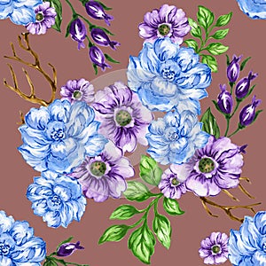 Seamless pattern bouquet rose blue purple flowers and plant