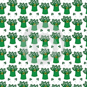 Seamless pattern of Bouquet of shamrocks in leprechaun hat with buckle on ribbon. St. Patricks field
