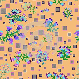 Seamless pattern of bouquets of abstract flowers and squares with texture on a yellow background for textile.