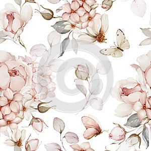 Seamless pattern with bouquets of flowers and butterflies.