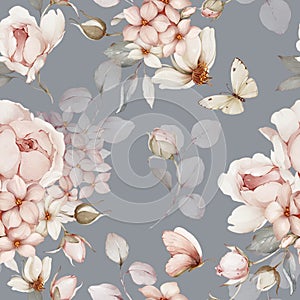 Seamless pattern with bouquets of flowers and butterflies. Spring roses in watercolor style