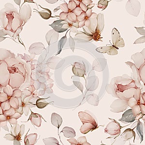 Seamless pattern with bouquets of flowers and butterflies. Spring roses in watercolor style