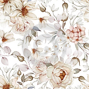 Seamless pattern with bouquets of flowers. Spring roses in watercolor style