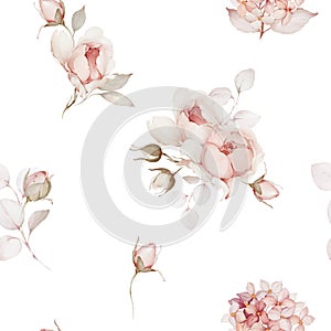 Seamless pattern with bouquets of flowers. Spring roses in watercolor style