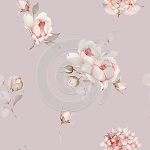 Seamless pattern with bouquets of flowers. Spring roses in watercolor style