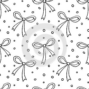 Seamless pattern with bows, asymmetric random polka dots, bubbles or buttons. Cute fun simple abstract vector background, texture