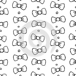 Seamless pattern with bows, asymmetric random polka dots, bubbles or buttons. Cute fun simple abstract vector background, texture