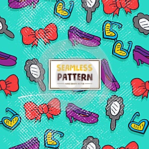 Seamless Pattern with Bowties, Sun Glass, Woman Shoe and Mirror