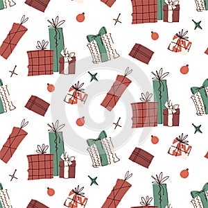 Seamless pattern with boxes, christmas balls and stars on a white background. colored gifts and bows