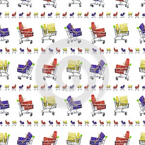 Seamless pattern, boxes in festive packaging lie in shopping carts, red, blue and yellow packaging, white background