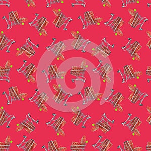 Seamless pattern, boxes in festive packaging lie in shopping carts, red packaging and red background