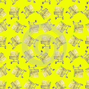 A seamless pattern, boxes in festive packaging lie in shopping carts, yellow packaging on a yellow background