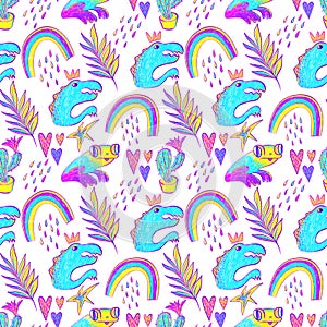 Seamless pattern on the boy wonder theme with rainbows, dinosaurs, frogs, hearts, raindrops, palm leaves and stars