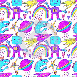 Seamless pattern on the boy wonder theme with robots, rainbows, dinosaurs, planets, rockets, hearts, raindrops, stars