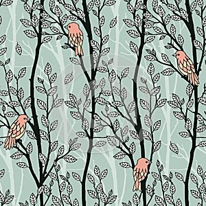 Seamless pattern of branches and birds