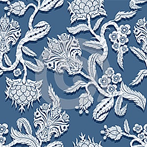 Seamless pattern with branches flowers in chinoiserie style.