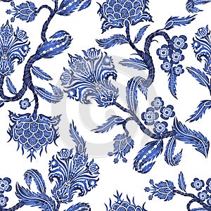 Seamless pattern with branches flowers in chinoiserie style. Japanese blue ceramic print. photo