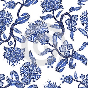 Seamless pattern with branches flowers in chinoiserie style. Japanese blue ceramic print.