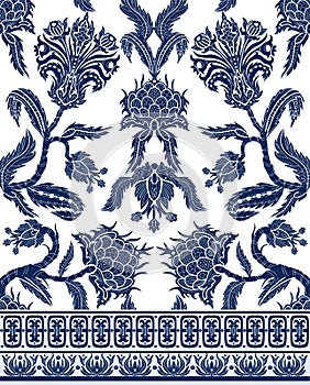 Seamless pattern with branches flowers in chinoiserie style. Japanese blue ceramic print.