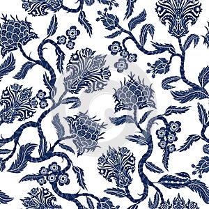 Seamless pattern with branches flowers in chinoiserie style. Japanese blue ceramic print.