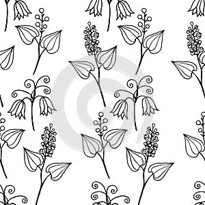 Seamless pattern with branches of forest plants MaiÃÂ¡nthemum bifÃÂ³lium, FritillÃÂ¡ria with flowers and berries. photo