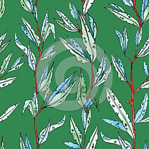 Seamless pattern of branches with narrow long leaves on a dark green background. graphic drawing