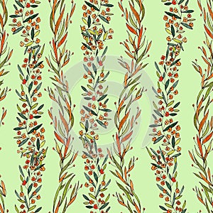 Seamless pattern of branches with narrow long leaves and orange flowers on a light green background. graphic drawing
