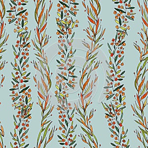 Seamless pattern of branches with narrow long leaves and orange flowers on a turquoise background. graphic drawing.