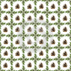 The seamless pattern, the branches of the pine trees located on a white background, are decorated with cones, geometric shape