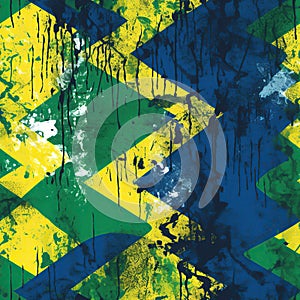 seamless pattern with Brazilian flag of Brazil with on yellow green blue background grunge watercolor texture