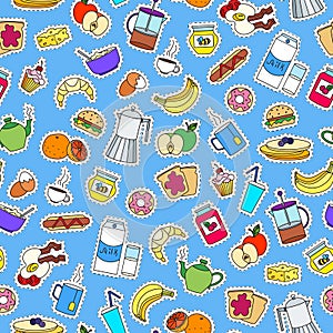 Seamless illustration on Breakfast and food theme, simple color patch icons on blue background