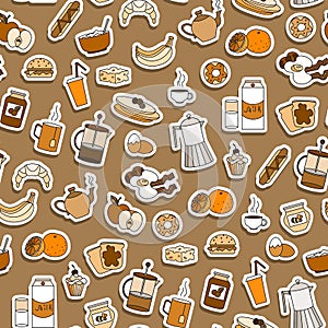 Seamless illustration on Breakfast and food theme, simple sticker icons on a brown background, sepia