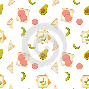 Seamless pattern, breakfast sandwiches, toast with avacado and sausage, vector. For wrapping paper, fabric, background